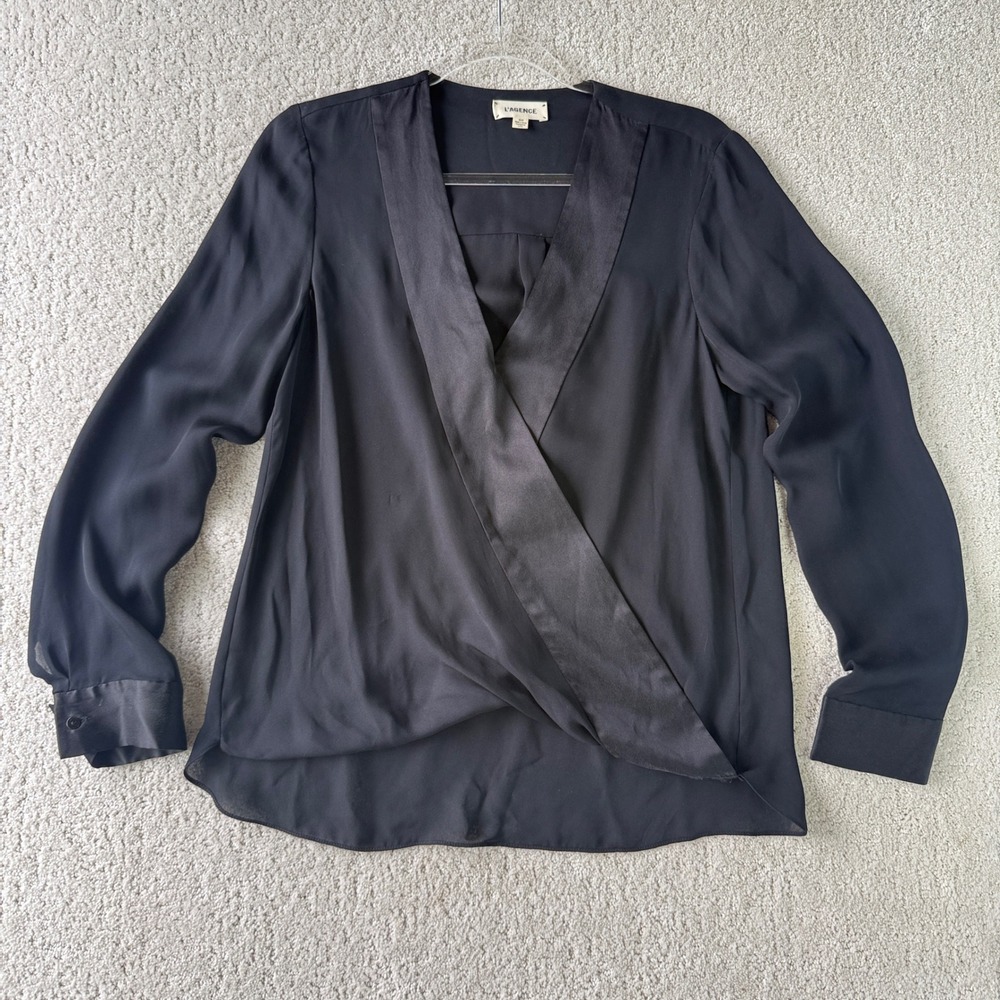 L'AGENCE Kyla Blouse Women Small Black Silk Draped Faux Wrap V-Neck Long Sleeve